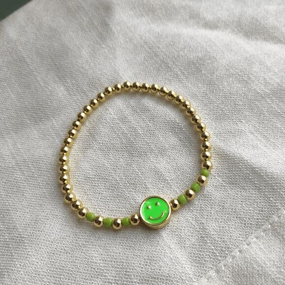 Gold Plated Beaded Smiley Bracelet - Neon Green - Picture 3 of 3